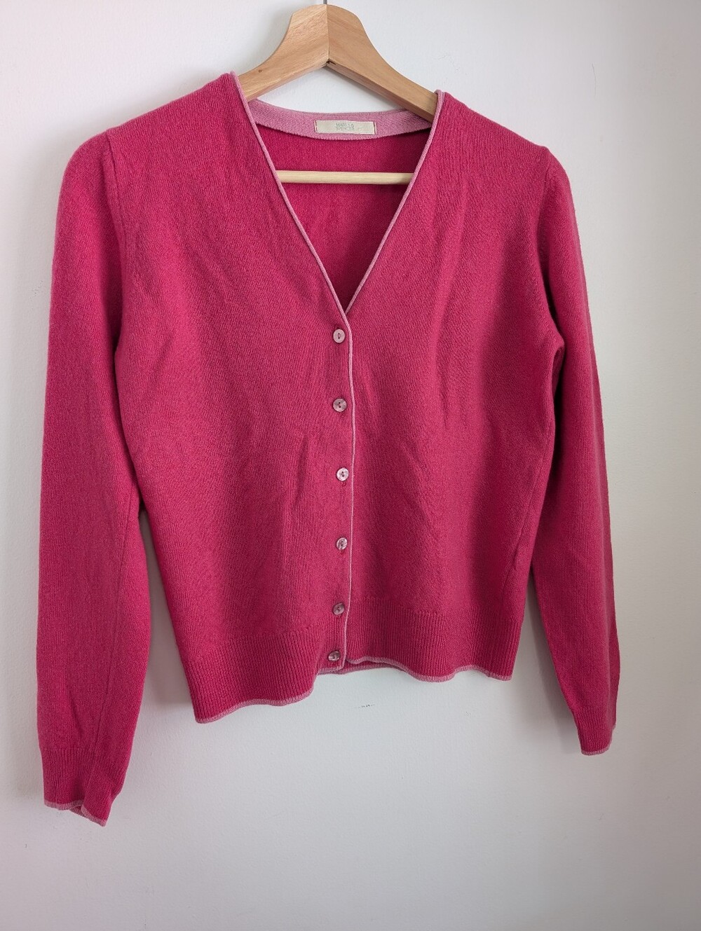 Marks And Spencer Medium Wool Cardigan Pink Preppy Sweater V-neck Shell Buttons